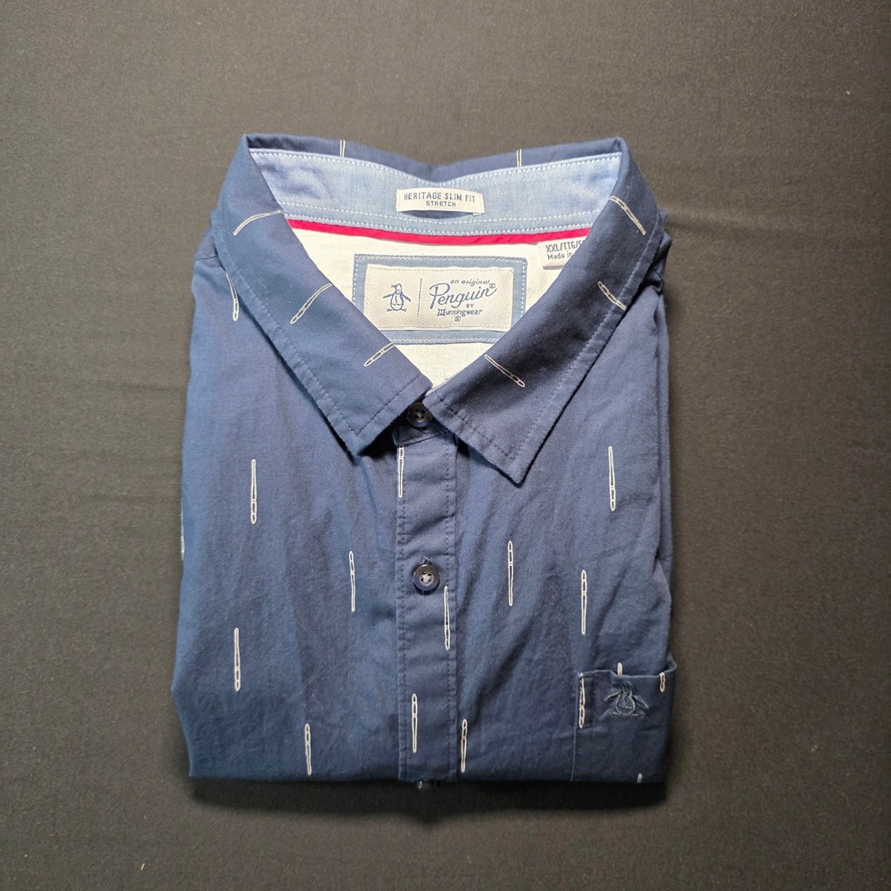 Original Penguin Mens XXL Navy Blue Needle Print Heritage Slim Fit Stretch Shirt